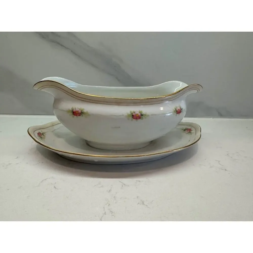 Noritake Handpainted Nippon Pink Floral Gold Graby Boat Dish - Picture 1 of 5